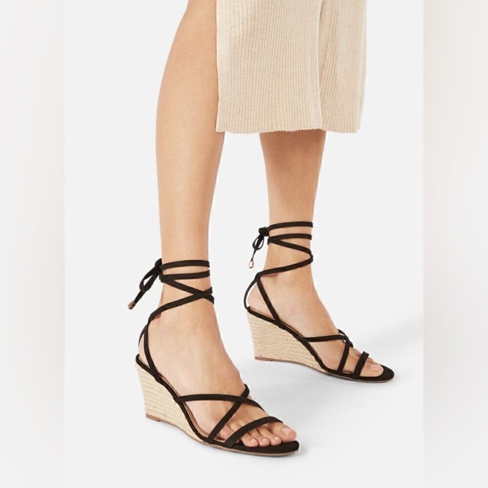 Just Fab Brand New “Watch Me Strut” Black Strappy Espadrilles Wedges (Size: 10)
